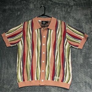 WESC Men’s Wavy-Stripe Knit Polo Sweater in Rust & Olive Short Sleeve Size S